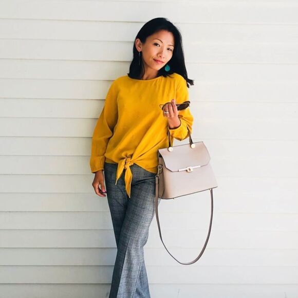 Loft Yellow Floral Embroidered Tie Front Blouse - Picture 2 of 9
